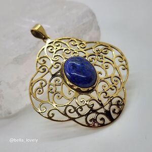 Sapphire Gold Toned Ethnic Handmade Filigree Pendant Jewelry 2.27"